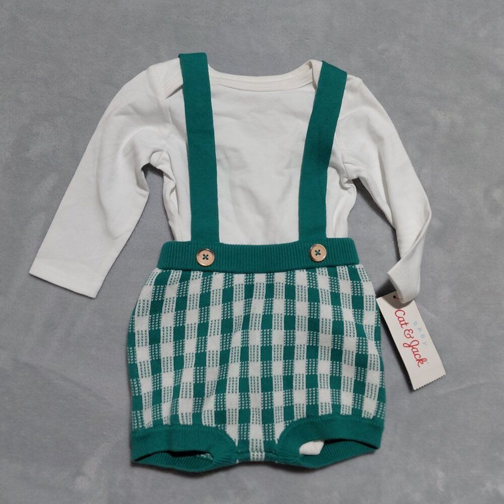 NWT Cat & Jack Gingham Sweater Romper w/ Bodysuit 2-Piece Set Cream/Green 3-6M